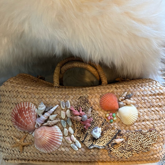 1960s Mid Century Seashell Embellished Woven Tote / Beach Bag Rare Find! - Picture 12 of 16